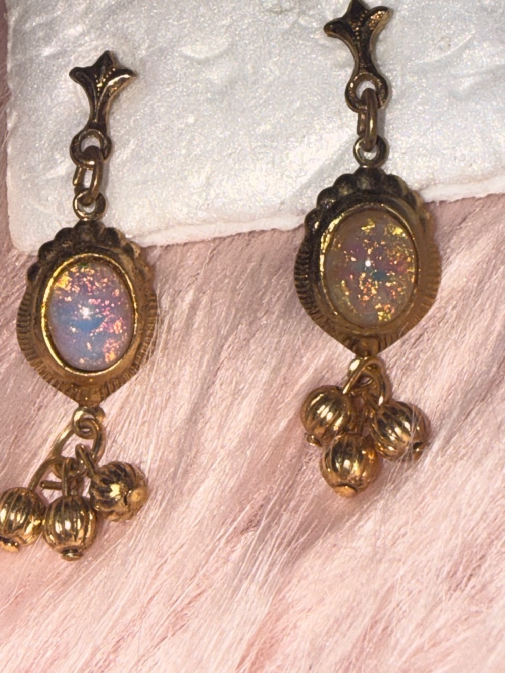 Vintage antique Elegant Gold? and Opal/foil? Dangle Earrings